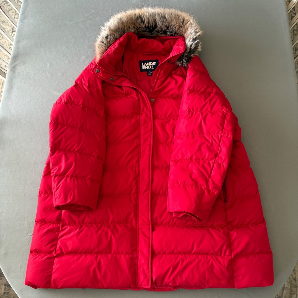 Lands End Red Down Puffer Coat Faux Fur Hood Parka Womens 3X 24W-26W